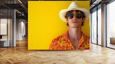 Young man in straw hat and sunglasses looking at camera. Wall mural