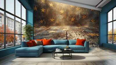 A rustic wooden floor with a golden star pattern and a soft light shining through the smoke. Wall mural