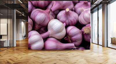 close up of Many heads of white purple garlic on market stand. Generative AI Wall mural