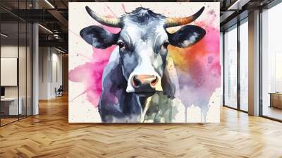 cow watercolor graphics. cow animal illustration. Generative AI Wall mural