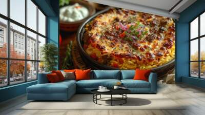 Delicious Cheesy Baked Dish with Ground Meat and Rice Wall mural