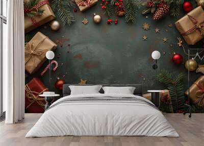 Flat lay Christmas background with gifts, ornaments, pine branches, candy canes and red berries on a rustic dark background. Wall mural