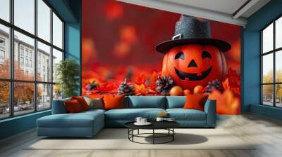 Halloween Pumpkin with Witch Hat and Fall Leaves Wall mural