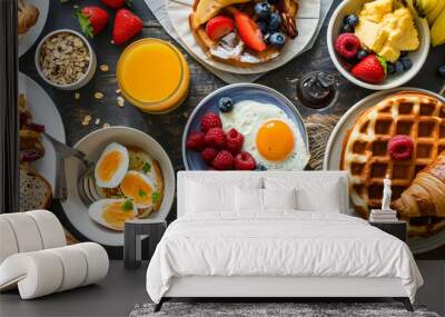 Healthy sunday breakfast with croissants, waffles, granola and sandwiches. Generative AI Wall mural