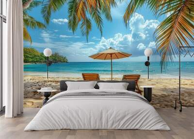 Tropical Beach Paradise with Palm Trees and Lounge Chairs Wall mural