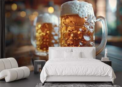 Two Beer Mugs on a Wooden Table Wall mural