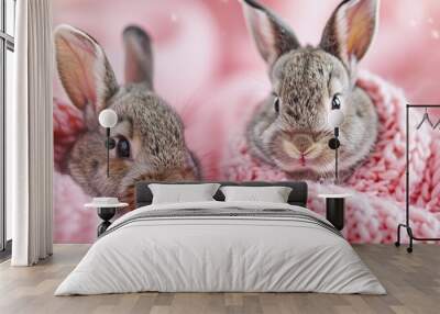 Two Cute Rabbits Snuggling in a Pink Knit Blanket Wall mural