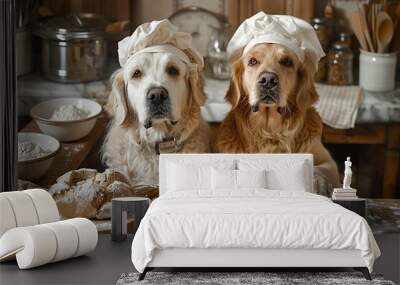 Two Golden Retrievers Dressed as Chefs Baking in the Kitchen Wall mural