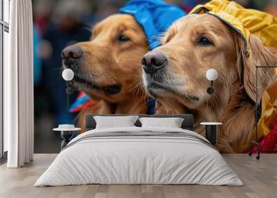 Two Golden Retrievers Wearing Raincoats Wall mural