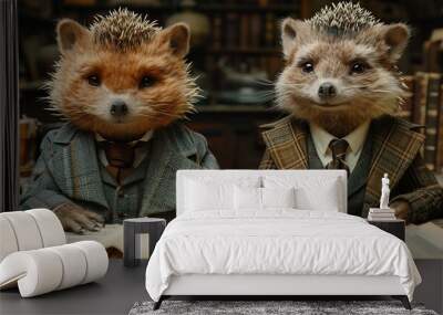 Two hedgehogs in suits reading a newspaper Wall mural