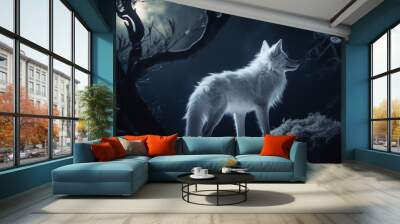 white fox with walking under full moon in the night forest. Generative AI Wall mural