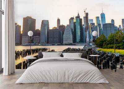 View of Manhattan skyline and Brookyn bridge from Brooklyn side after sunset , New york city Wall mural