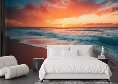 beautiful sea evening sunset juicy orange sun and surf waves generative ai Wall mural