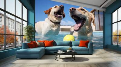 dogs playing with a ball in the pool generative ai Wall mural