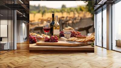 festive table with tasty wine and appetizers on French grape plantations generative ai Wall mural