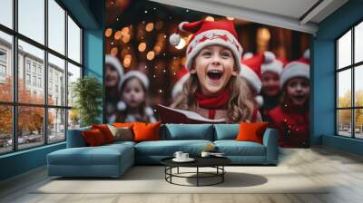 girl in a Christmas hat sings songs generative ai Wall mural