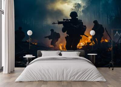 military soldiers storm enemy positions on sunset background generative ai Wall mural