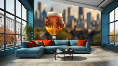 transparent glass of light beer against the backdrop of a city landscape Wall mural