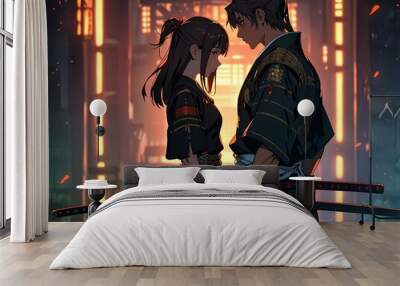 Anime boy and girl in samurai uniform style with vertical background action-oriented anime wallpaper
 Wall mural