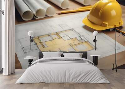 blueprint floor plan architectural project on the table with yellow helmet and pencil Wall mural