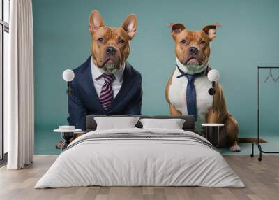 animal pet dog concept Anthromophic friendly American pit bull terrier dog wearing suite formal business suit pretending to work in coporate workplace studio shot on plain color  colorful background Wall mural