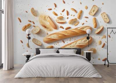 Baguette bread with falling crumbs in bright colours  Wall mural