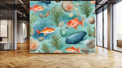 Beautiful underwater composition with watercolor sea life fish in bright colours  Wall mural