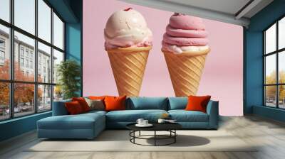 Close up of fresh tasty ice cream in a cone colorful background Wall mural