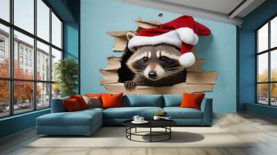 Cute raccoon in a santa hat peeks through a broken hole in a blue wall colorful background Wall mural