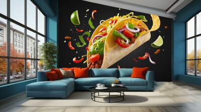 fresh hot taco with flying ingredients isolated on black background, hot ready to serve and eat banner with copy space empty area Wall mural