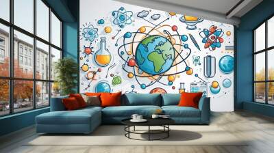 illustration of science symbols national science day in bright colours  Wall mural