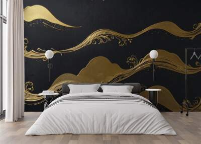 Japanese black background with gold dust and waves for a luxurious feel colorful background Wall mural