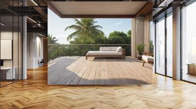 summer delight wooden balcony patio deck with sunlight and coconut tree panorama view house interior mock up design background house balcony daylight Wall mural