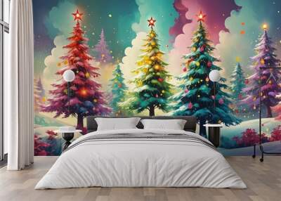 Abstract colorful painting of christmas trees. Made with generative AI technology Wall mural