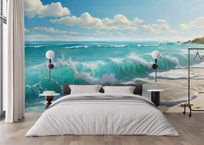 Crisp ocean foam splashing against a sandy beach with bright turquoise water and sunlit waves, fresh and invigorating, ideal for beach or water-based cosmetics. Made with generative AI technology Wall mural