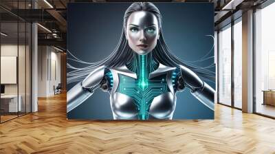 Emotional Robotic Silver woman with glowing AI circuits, symbolizing the future of artificial intelligence and automation technologies. Made with generative AI technology Wall mural