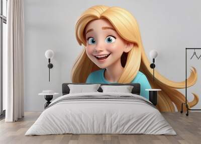 Happy cheerful cartoon character teenage girl with long blonde hair in 3D style design on a white background. Human people joyful expression concept. Made with generative AI technology Wall mural