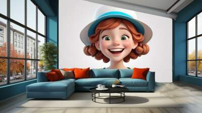 Happy laughing cartoon character young girl wearing a hat in 3D style design on a light white background. Girl people joyful expression concept. Made with generative AI technology Wall mural