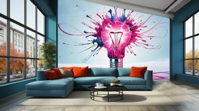 Light bulb bursting with pink and blue paint splashes on a white background, representing a surge of creative inspiration and innovative ideas. Made with Generative AI Technology Wall mural