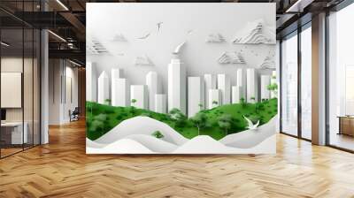 oung tree, Achieve sustainable growth, World Environment Day. White eco urban city and nature landscape background paper art style. Wall mural