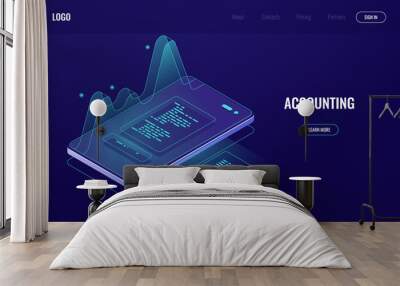 Accounting, money audit, finance management concept, mobile phone with graphic data, analysis and statistic report online application, digital technology, dark neon Wall mural