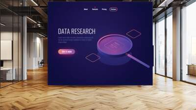 Big data processing isometric icon, magnifying glass, information searching and structuring, data sampling filtration dark neon Wall mural