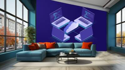 Networking with four laptops, internet connection, cloud data storage, server room, backup files, database remote access isometric illustration vector neon Wall mural