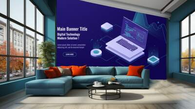 Programming concept isometric icon, laptop with program code on screen, data visualization dark neon Wall mural