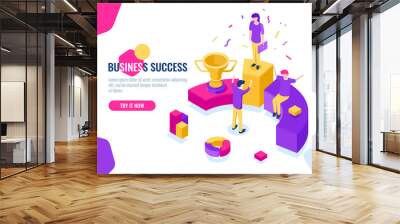 Successful business team work isometric, people achieve success, triumph, leader and leadership concept. Flat color vector Wall mural