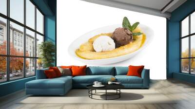 Two scoops of ice cream, cream and chocolate with a banana fried in sugar syrup Wall mural