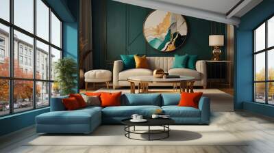 A living room with a couch a chair and a painting on the wall Wall mural