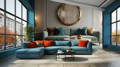 Art deco interior design of modern living room, home. Golden round coffee table near white sofa with teal pillows against wall with poster.Living room in art deco style Wall mural