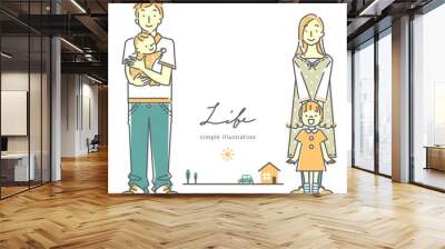 simple pastel color illustration of happy family, line art Wall mural