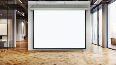 Front view of lecture room with empty white projector screen. Wall mural